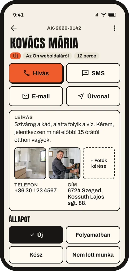 Egy ajánlatkérés az appban: Hívás, SMS, E-mail, Útvonal és állapot gombokkal