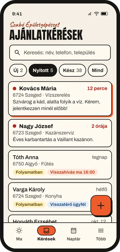 Az app Kérések nézete: új és nyitott ajánlatkérések listája, kereséssel és szűrővel