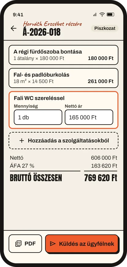 Árajánlat készítése az appban tételekkel, nettó összeggel, ÁFA-val és végösszeggel