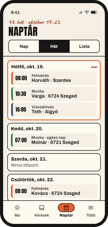Az app Naptár nézete a hét felméréseivel, munkáival és visszahívásaival