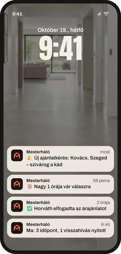 Telefon zárolási képernyője értesítéssel: új ajánlatkérés Kovácstól, Szeged – szivárog a kád